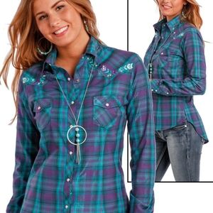 Panhandle Size LARGE Plaid Button Down Western Shirt - Purple and Blue